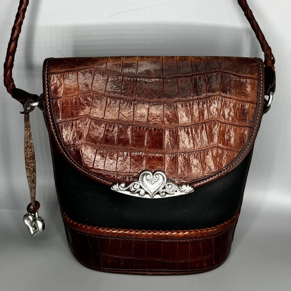 VTG BRIGHTON BLACK W/BROWN EMBOSSED CROC LEATHER SHOULDER BAG SILVER TONE HARDWA